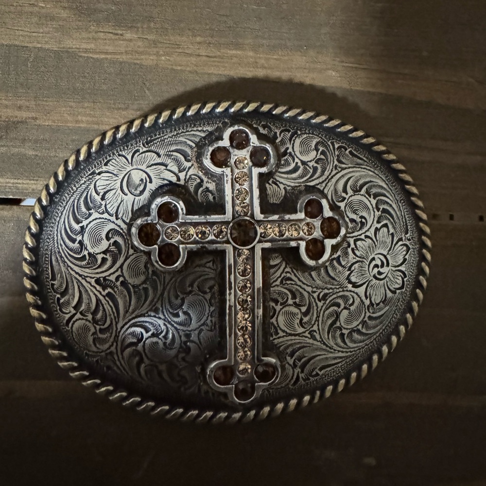 Nocona Silver and Brown Cross Belt Buckle